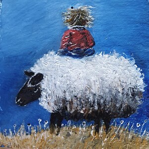 pittura a olio, oggetto unico, ardesia, semplicità, pittoresco blu, pecora, erica, dolce, artigianale, fatto a mano, portacarte in legno