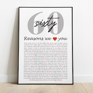 Affiche 60 raisons pour lesquelles nous vous aimons | Cadeau personnalisé pour 60e anniversaire pour femme ou homme | Poster 60 choses que nous aimons chez vous