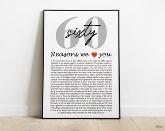 60th Birthday Gift Poster | 60 Reasons We Love You, Personalized Keepsake