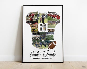 May include: A framed collage featuring a football jersey silhouette filled with action shots. The jersey displays the number 61. Below, the name "Hunter Edwards" and "Bellevue High School" are written in script. A brown football is at the bottom.