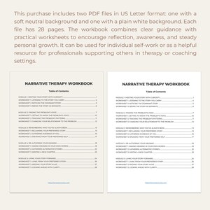 May include: Two PDF workbooks titled "Narrative Therapy Workbook" with a table of contents. The workbooks are in US Letter format with 28 pages each. One has a soft neutral background, the other a plain white background.