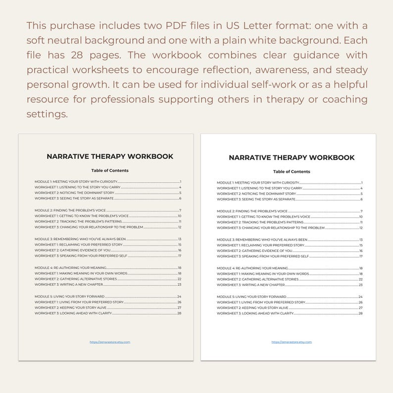 May include: Two PDF workbooks titled "Narrative Therapy Workbook" with a table of contents. The workbooks are in US Letter format with 28 pages each. One has a soft neutral background, the other a plain white background.