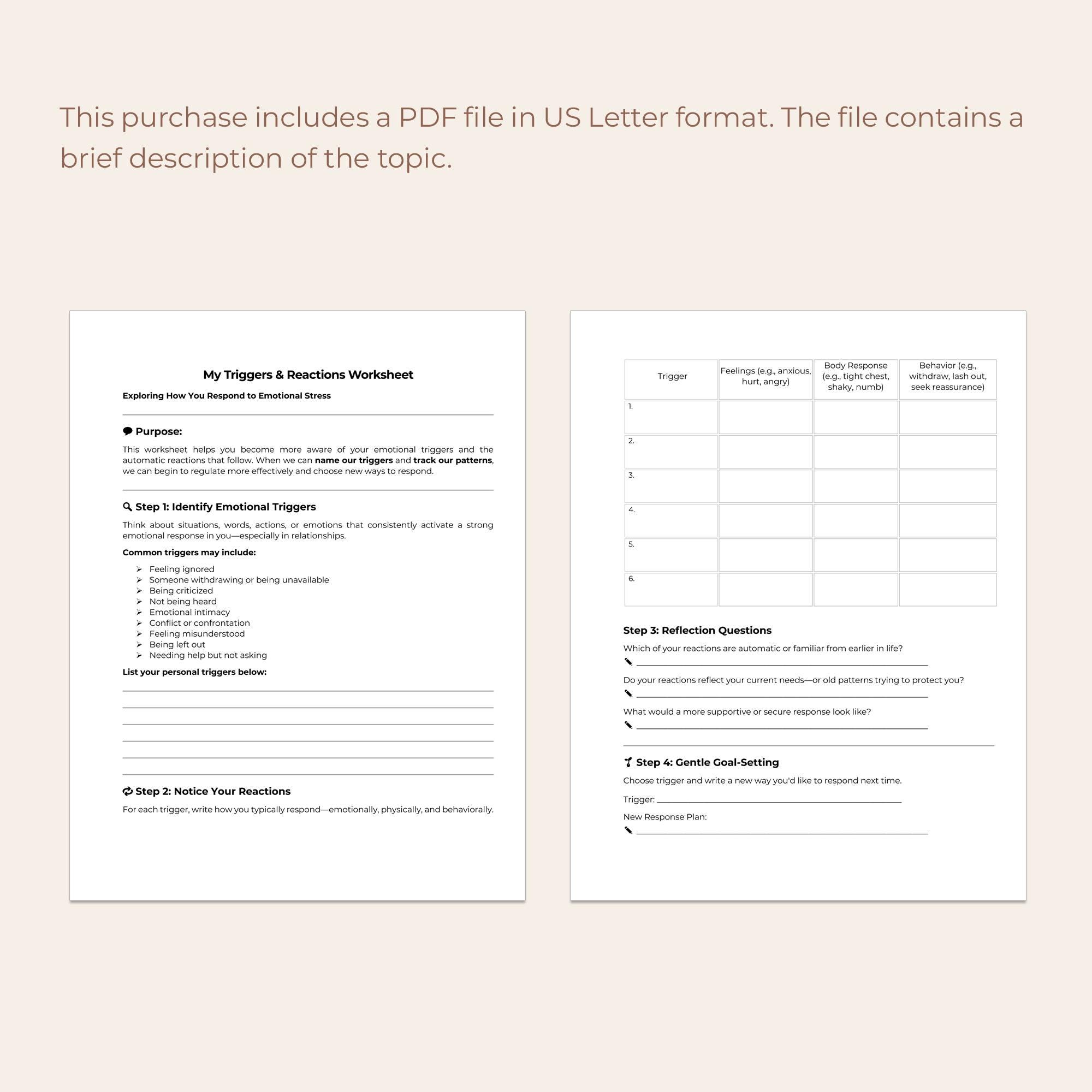 Emotional Triggers Therapy Worksheet, Reaction Tracker, Trauma ...