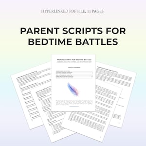 Peut inclure: Un document PDF numérique intitulé « Scripts parentaux pour les batailles au coucher » avec 11 pages. La couverture présente le titre en gros caractères gras. Plusieurs pages sont visibles, affichant du contenu sur la compréhension des schémas du coucher.