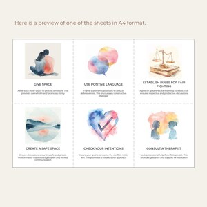 May include: A watercolour illustration of six tips for healthy communication in relationships. The tips are: Give Space, Use Positive Language, Establish Rules for Fair Fighting, Create a Safe Space, Check Your Intentions, and Consult a Therapist.