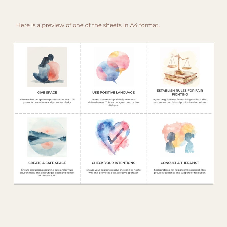 May include: A watercolour illustration of six tips for healthy communication in relationships. The tips are: Give Space, Use Positive Language, Establish Rules for Fair Fighting, Create a Safe Space, Check Your Intentions, and Consult a Therapist.