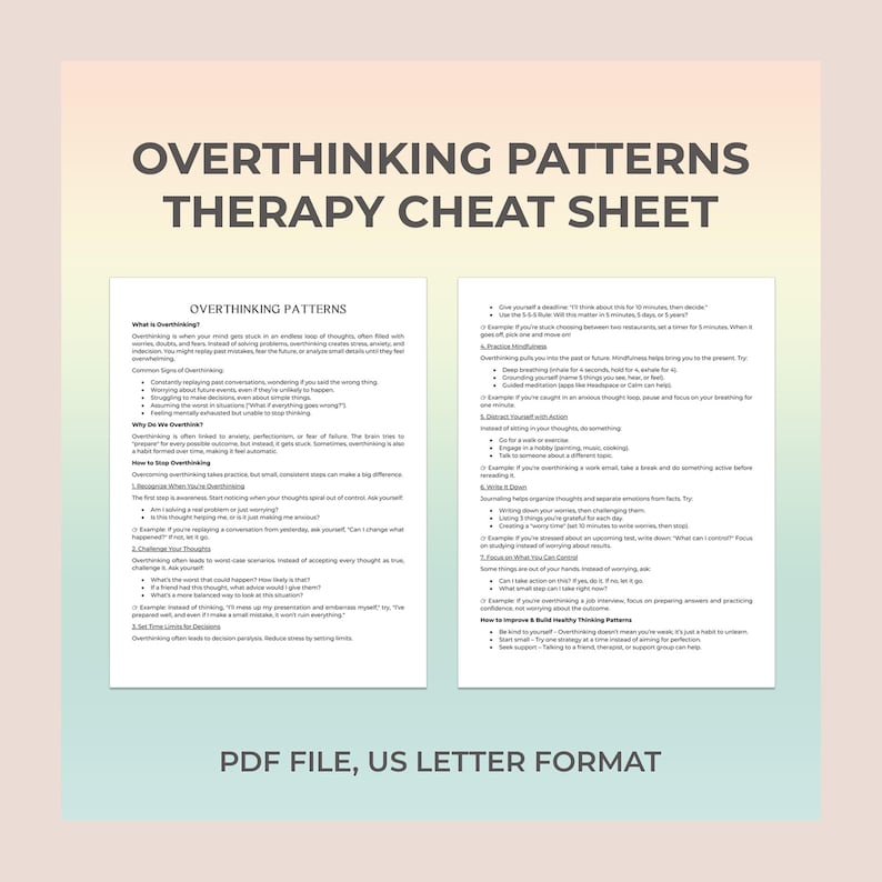 Overthinking Patterns – Therapy Cheat Sheet, Overthinking Symptoms, How To Stop Worrying, Excessive Worrying, Negative Thought Cycle image 1