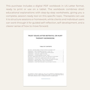 May include: A digital PDF workbook titled "Trust Issues After Betrayal or Hurt Therapy Workbook." The workbook includes worksheets and educational explanations. It is designed for therapists and individual users for self-reflection and self-development.