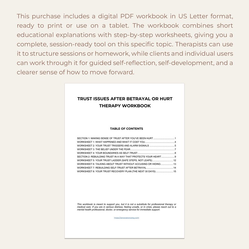 May include: A digital PDF workbook titled "Trust Issues After Betrayal or Hurt Therapy Workbook." The workbook includes worksheets and educational explanations. It is designed for therapists and individual users for self-reflection and self-development.