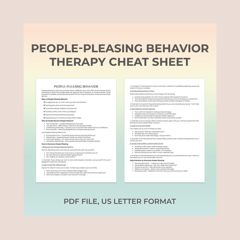 People Pleasing, Therapy Sheet, Break People Pleasing, Overcome People Pleasing, Fear of Rejection, Setting Boundaries, Self-Worth Growth image 1