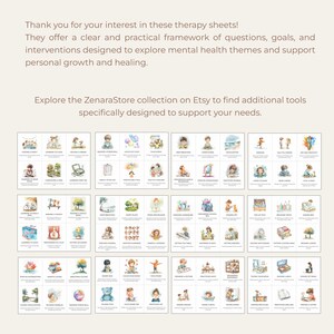 Pu&ograve; includere: Una raccolta di schede terapeutiche con illustrazioni ad acquerello ed etichette di testo per varie attivit&agrave; ed emozioni. Il testo recita: Thank you for your interest in these therapy sheets! They offer a clear and practical framework of questions, goals, and interventions designed to explore mental health themes and support personal growth and healing. Explore the ZenaraStore collection on Etsy to find additional tools specifically designed to support your needs.