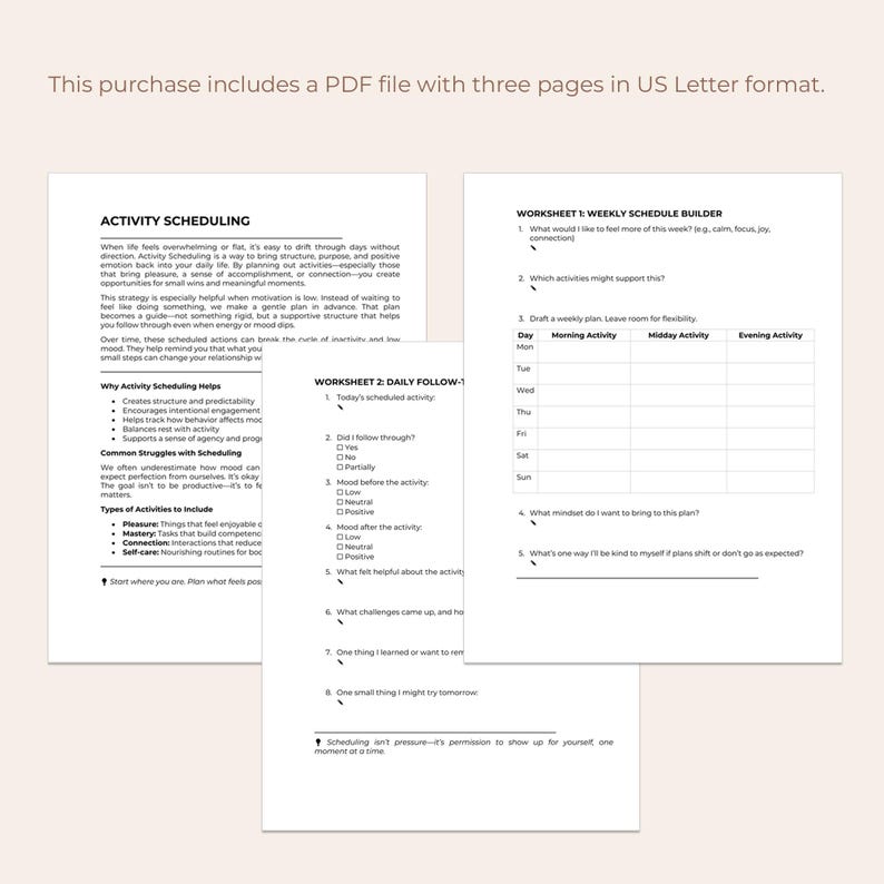 Activity Schedule, Behavioral Activation, CBT Worksheet, Mood Planner ...