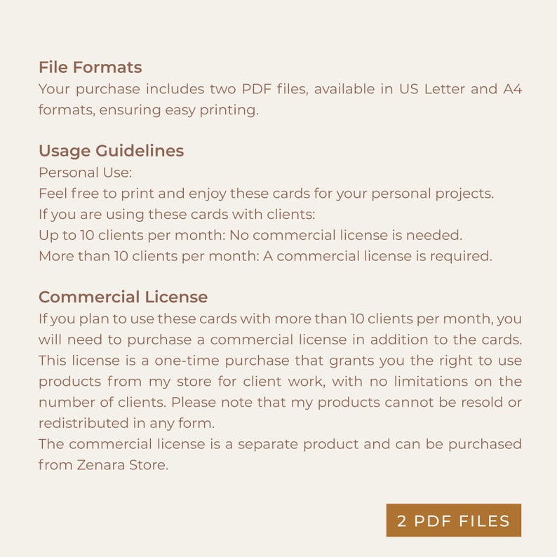 May include: Text explaining the file formats and usage guidelines for printable cards. The text mentions two PDF files, personal use, and commercial licensing. The text also includes the phrase "2 PDF FILES".