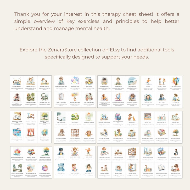 May include: A set of 36 illustrated cards featuring various mental health exercises and activities. Each card has a watercolor illustration and a short description of the exercise. The cards are designed to help people better understand and manage their mental health.