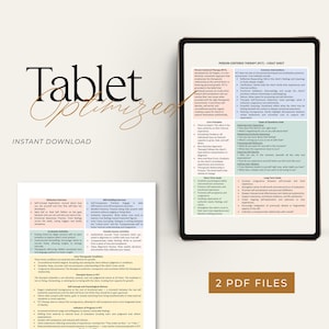 May include: A digital tablet displaying a cheat sheet for Person-Centered Therapy (PCT). The sheet includes core principles, common interventions, types of questions to guide therapy, and long-term goals. The tablet is on a white surface with the text "Tablet Optimized" and "Instant Download" in a brown and white font.