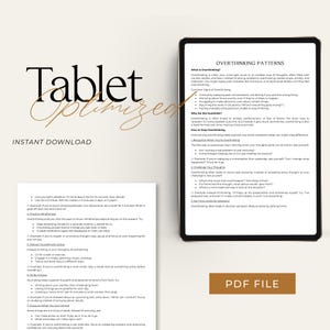 May include: A digital tablet displaying a printable PDF document with the title "Overthinking Patterns". The document provides tips on how to stop overthinking, including recognizing when you're overthinking, challenging your thoughts, and setting time limits for decisions.