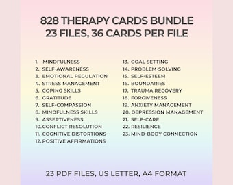 Paquete de tarjetas de terapia (PDF): 828 tarjetas imprimibles, sanación emocional, crecimiento personal (TCC), herramientas ACT, atención plena, habilidades de afrontamiento, autocompasión.