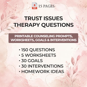 Pu&ograve; includere: Un documento PDF digitale di 15 pagine intitolato Trust Issues Therapy Questions. Include suggerimenti per la consulenza stampabili, fogli di lavoro, obiettivi e interventi, con 150 domande, 5 fogli di lavoro, 30 obiettivi, 30 interventi e idee per i compiti su uno sfondo acquerello rosa.