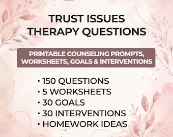 Può includere: Un documento PDF digitale di 15 pagine intitolato Trust Issues Therapy Questions. Include suggerimenti per la consulenza stampabili, fogli di lavoro, obiettivi e interventi, con 150 domande, 5 fogli di lavoro, 30 obiettivi, 30 interventi e idee per i compiti su uno sfondo acquerello rosa.