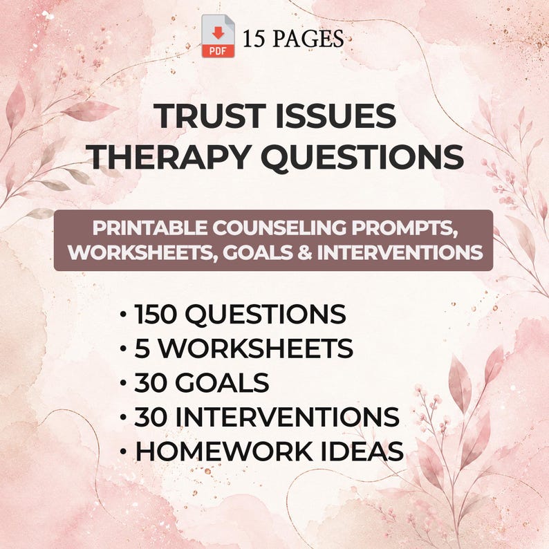 Pu&ograve; includere: Un documento PDF digitale di 15 pagine intitolato Trust Issues Therapy Questions. Include suggerimenti per la consulenza stampabili, fogli di lavoro, obiettivi e interventi, con 150 domande, 5 fogli di lavoro, 30 obiettivi, 30 interventi e idee per i compiti su uno sfondo acquerello rosa.