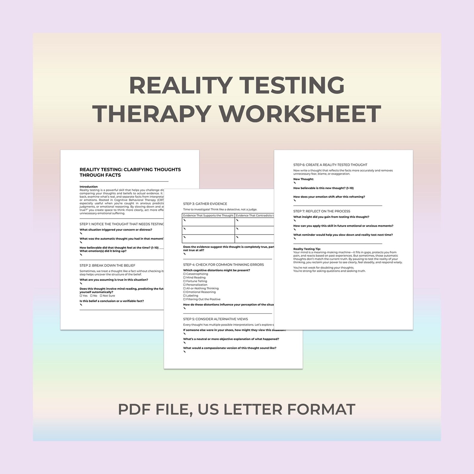 Reality Testing Therapy Worksheet, CBT, Thought Check, Challenge ...