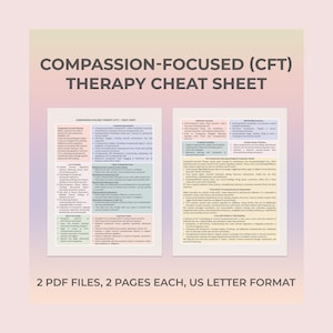 Hoja de referencia para la terapia centrada en la compasión. Folleto imprimible de terapia CFT. Guía emocional. Crítico interno. Herramienta de atención plena para el terapeuta. Apoyo para traumas.