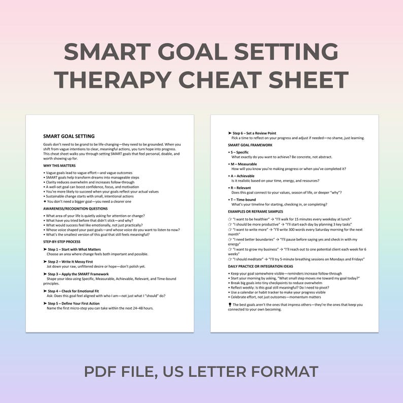 SMART Goal Setting Therapy Cheat Sheet for Personal Growth Self ...