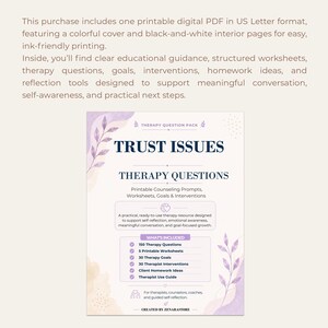 Pu&ograve; includere: Una risorsa terapeutica digitale stampabile intitolata Trust Issues Therapy Questions. Il documento presenta dettagli di foglie ad acquerello viola, testo blu scuro e un elenco di elementi inclusi come 150 domande di terapia, 5 fogli di lavoro, 30 obiettivi, 30 interventi, idee per compiti e una guida per terapeuti.