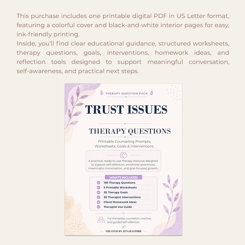 Pu&ograve; includere: Una risorsa terapeutica digitale stampabile intitolata Trust Issues Therapy Questions. Il documento presenta dettagli di foglie ad acquerello viola, testo blu scuro e un elenco di elementi inclusi come 150 domande di terapia, 5 fogli di lavoro, 30 obiettivi, 30 interventi, idee per compiti e una guida per terapeuti.