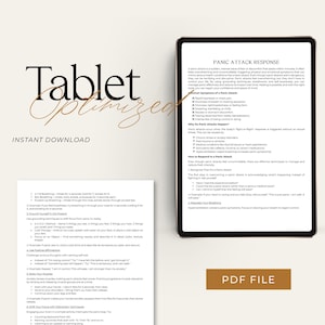 May include: A digital tablet displaying a PDF file with the title "Panic Attack Response". The document provides information and techniques for managing panic attacks, including breathing exercises, grounding techniques, and positive affirmations. The text "PDF FILE" is visible in the bottom right corner of the tablet.