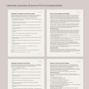 May include: A preview of worksheets with text. The worksheets cover topics like listening to your story, re-authoring meaning, writing a new chapter, and living your story forward. The pages have text and are designed for self-reflection and personal growth.