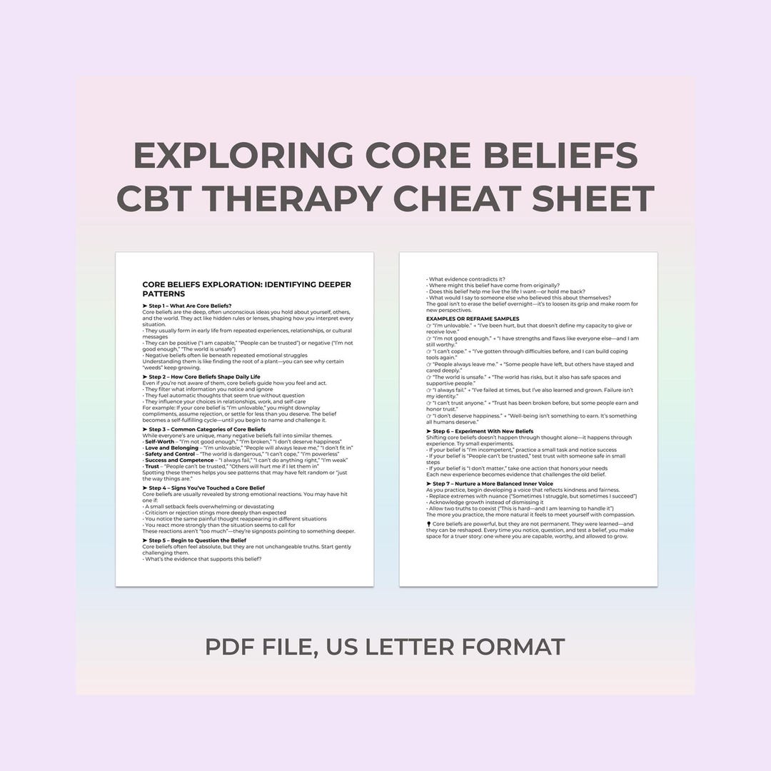 Core Beliefs CBT Cheat Sheet Worksheet for Therapists Clients Negative ...