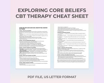 Core Beliefs CBT Cheat Sheet Worksheet for Therapists Clients Negative Patterns Worth Safety Trust Themes Printable PDF Self Therapy Tool