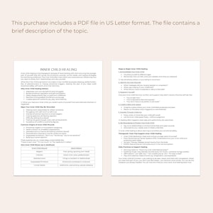 Puede incluir: Un documento PDF titulado "INNER CHILD HEALING" con vi&ntilde;etas y texto. El documento incluye informaci&oacute;n sobre las heridas del ni&ntilde;o interior, la curaci&oacute;n y los pasos para comenzar la curaci&oacute;n. El documento est&aacute; en formato US Letter.