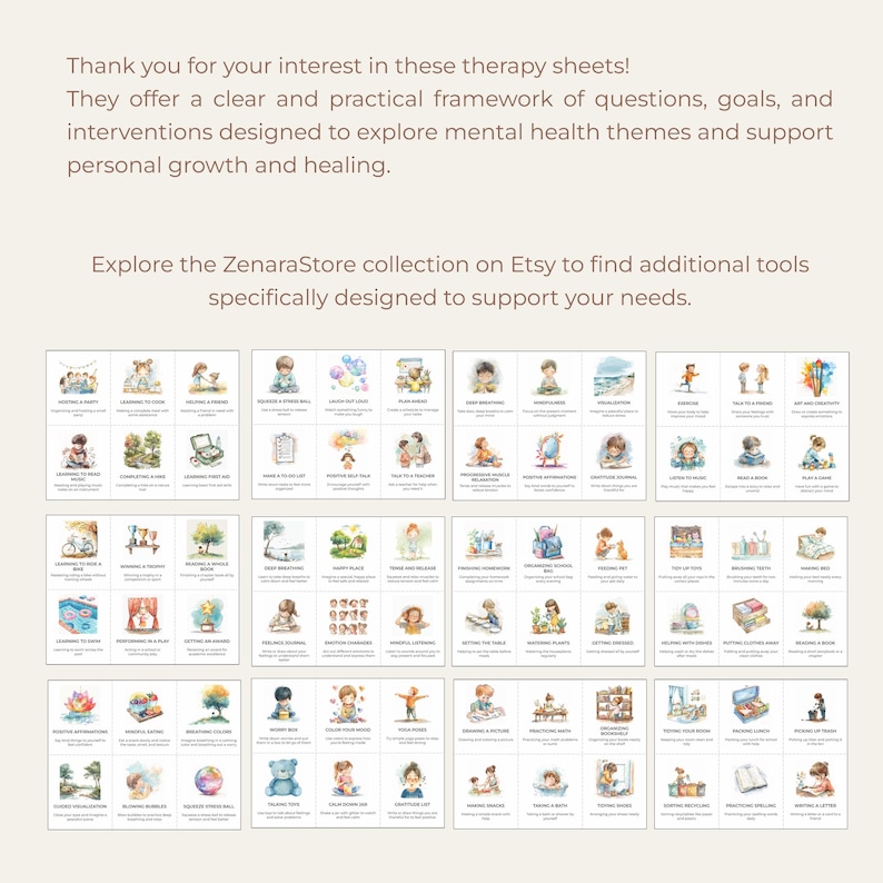 Puede incluir: Un conjunto de 36 hojas de terapia imprimibles con ilustraciones de acuarela de ni&ntilde;os que realizan diversas actividades. Cada hoja incluye un t&iacute;tulo y una breve descripci&oacute;n relacionada con temas de salud mental. Las hojas est&aacute;n dise&ntilde;adas para apoyar el crecimiento personal y la sanaci&oacute;n.