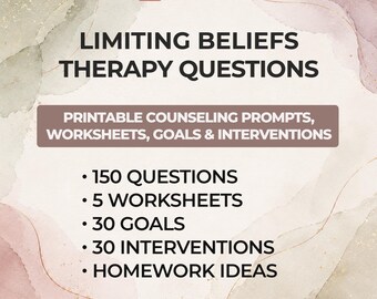 Limiting Beliefs Therapy Questions CBT Worksheets Counseling Prompts Cognitive Reframing Workbook Therapist Resource Printable PDF Guide