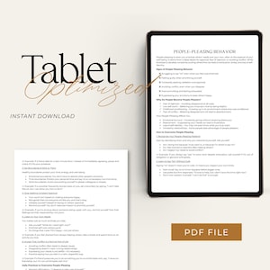 May include: A digital download of a printable PDF guide on how to overcome people-pleasing behavior. The guide includes tips on setting boundaries, recognizing your worth, and accepting conflict as a normal part of life. The guide is titled "People-Pleasing Behavior" and is available for instant download.