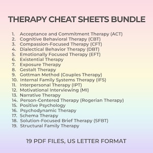Therapy Cheat Sheets Bundle pdf – CBT ACT Dbt Schema Ifs Eft MI Sfbt Printable Guides for Therapists Students Quick Reference for Clinicians