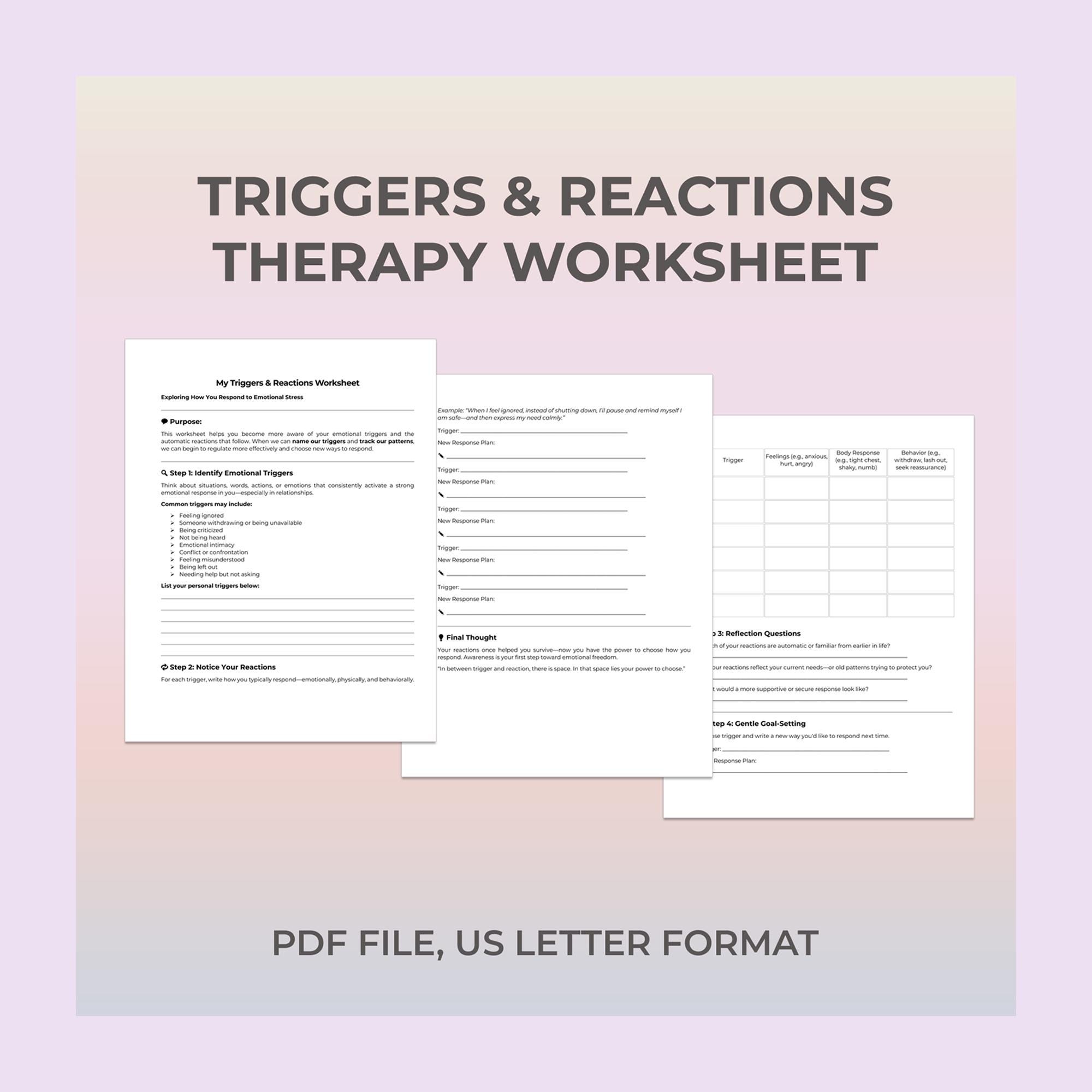 Emotional Triggers Therapy Worksheet, Reaction Tracker, Trauma ...
