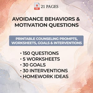 Op de afbeelding: Een 21 pagina's tellend PDF-document getiteld Avoidance Behaviors & Motivation Questions. Het bevat printbare counseling-prompts, werkbladen, doelen en interventies, specifiek 150 vragen, 5 werkbladen, 30 doelen, 30 interventies en huiswerkideeën.