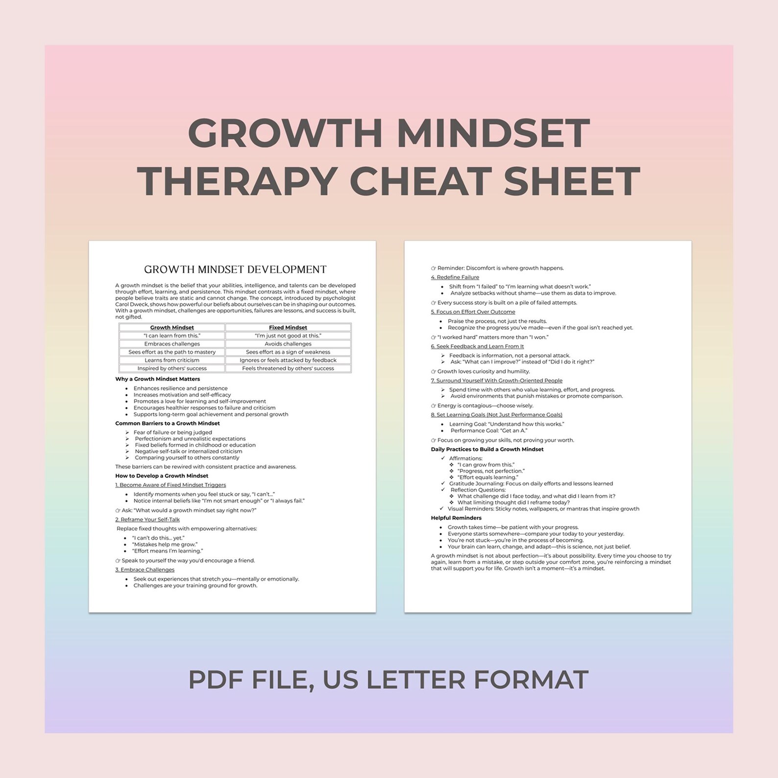 Growth Mindset Therapy Cheat Sheet Printable Worksheet Exercises ...