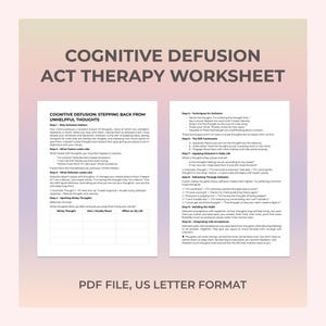 La hoja de trabajo de defusión cognitiva desarrolla habilidades de distanciamiento mental que apoyan la terapia ACT mediante la flexibilidad psicológica y los cambios de mentalidad diarios.