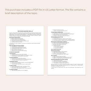 May include: Two-page PDF document with the title "DECISION-MAKING SKILLS". The document includes bullet points and lists about decision-making, including why it matters, signs of struggles, and core skills. The text is in black font on a white background.