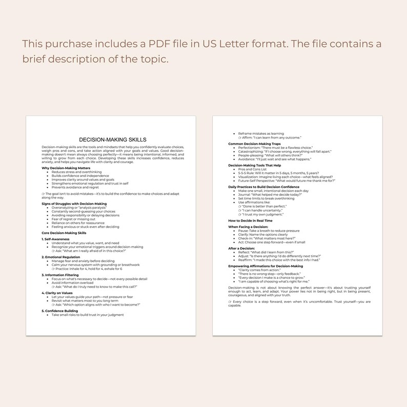 May include: Two-page PDF document with the title "DECISION-MAKING SKILLS". The document includes bullet points and lists about decision-making, including why it matters, signs of struggles, and core skills. The text is in black font on a white background.
