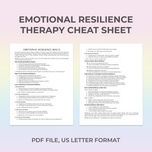 Emotional Resilience Therapy Cheat Sheet, Coping Skills, Stress Management, Adaptability, Mindfulness, Self-Care, Emotional Intelligence