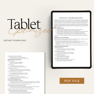 May include: A digital tablet displaying a document titled "Betrayal Trauma Recovery". The document outlines the types of betrayal trauma, the emotional impact of betrayal trauma, and steps to heal from betrayal trauma. The document also includes the text "PDF FILE" at the bottom.
