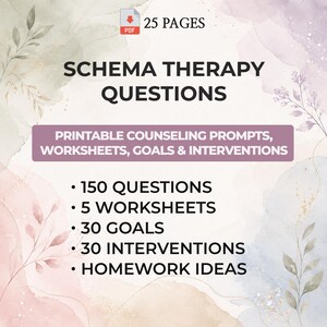 Puede incluir: Un documento PDF de 25 páginas titulado Schema Therapy Questions, que incluye prompts de asesoramiento, hojas de trabajo, objetivos e intervenciones imprimibles. El texto enumera 150 preguntas, 5 hojas de trabajo, 30 objetivos y 30 intervenciones.
