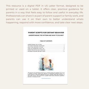 Pu&ograve; includere: Un documento PDF digitale intitolato "Script per genitori per comportamenti provocatori". Il documento include un sommario e un'illustrazione di due bambini. La risorsa &egrave; progettata per genitori e tutori.