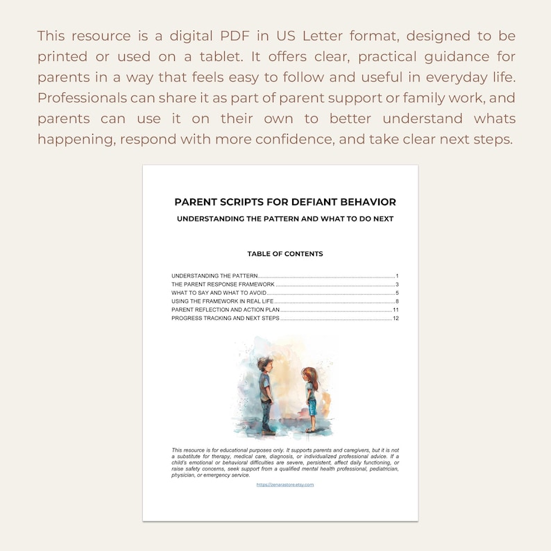 Pu&ograve; includere: Un documento PDF digitale intitolato "Script per genitori per comportamenti provocatori". Il documento include un sommario e un'illustrazione di due bambini. La risorsa &egrave; progettata per genitori e tutori.