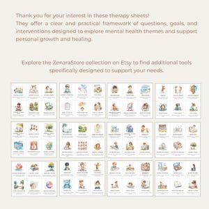May include: A set of 36 printable therapy sheets featuring watercolor illustrations of children engaging in various activities. Each sheet includes a title and a short description related to mental health themes. The sheets are designed to support personal growth and healing.